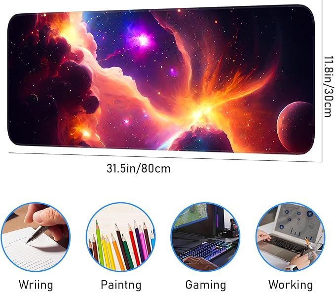 Gaming Mouse Pad, Galaxy Starry Sky Non-Slip Rubber Base with Seam Edge Mouse Pad, Extra Large 31.5x11.8 Inch, Suitable for Home, Office, Gaming