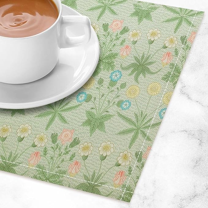 William Morris Floral Placemats Vintage Flower Art Style Boho Chic Retro Floral Linen Washable Table Mats Stain Heat-Resistant Desktop Decor Place Mats for Home Kitchen Dining Party 12x18 in 6 Pcs
