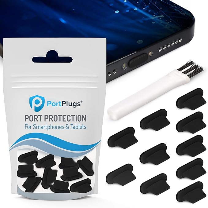 PortPlugs Anti Dust Plugs (10 Pack) - includes Charging Port Cleaning Brush - Flat Design Port Protector Cover - Compatible w/iPhone 14, 13,12,11 & Air Pods - Black