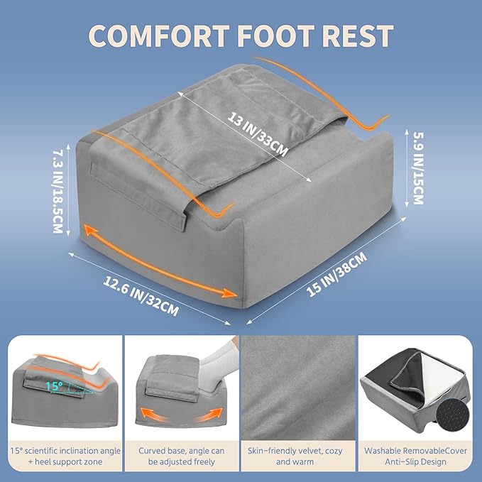 Ergonomic Foot Rest for Under Desk at Work – 15° Tilt Angle Under Desk Footrest with High-Resilience Foam, Velvet Top & Non-Slip Base, Comfortable Foot Stool for Office Chair and Home, Grey