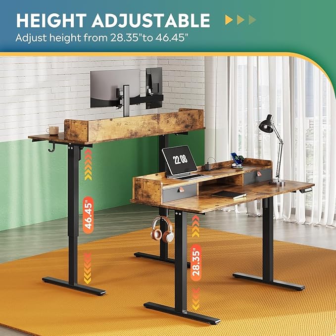 DEVAISE 48 Inch Electric Standing Desk with Shelf, 3 Adjustable Computer Desk for Home Office, with LED Touchscreen，Headphone Hook, 3 Memory Preset, with One-Piece Desktop, Rustic Brown