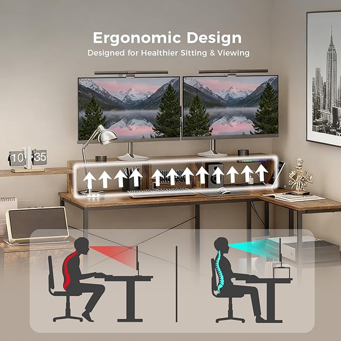 GTPLAYER 73" L Shaped Gaming Desk, Reversible Computer Desk with Power Outlets & LED Lights, Home Office Corner Desk with Storage Shelves, Monitor Stand, and Tower Space, Vintage Brown