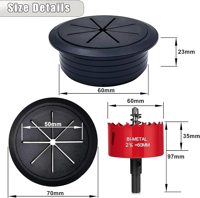 6PCS Desk Grommet,2-3/8""(60mm) Desk Hole Cover for Cables,Wire Hole Cover for Desk with Hole Saw,Office and Home Table,Desktop Equipment Wiring Management and Protection (Black)