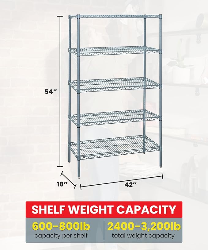 Quantum Storage Systems WR54-1842GY-5 Wire Shelving 5 Shelf Starter Units, 18" x 42" x 54", Gray Epoxy