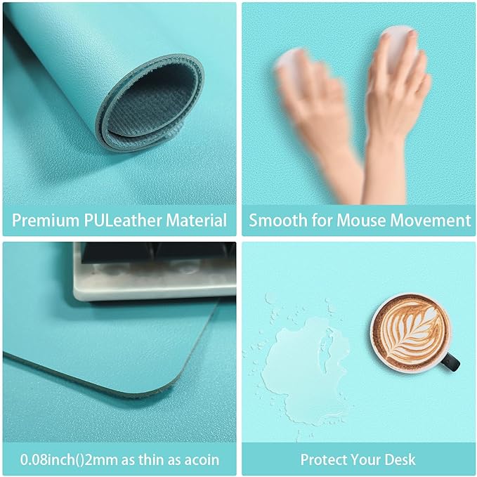 Leather Desk pad Protector, Office Mat, Large Mouse Mat, Non-Slip PU Leather Blotter, Laptop Desk Pad,Waterproof Laptop Computer Desk Keyboard Mat for Office/Work/Home/Decor (Light Blue, 37 * 18in)