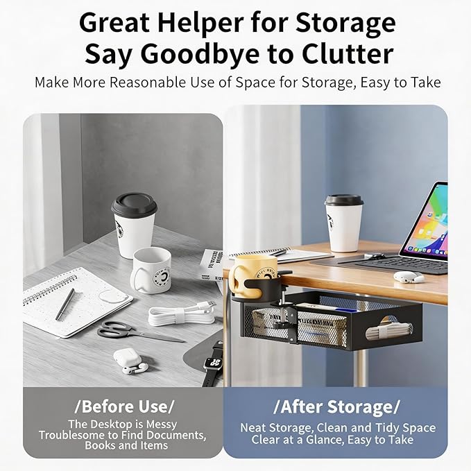 Clamp-On Under Desk Organizer with Cup Holder, 360° Rotating Mesh Drawer with Cable Hole, No-Drill Desk Drawer Organizer for Gaming Desk Accessories, Office Supplies, Coffee Mug, Dorm(2 in1)