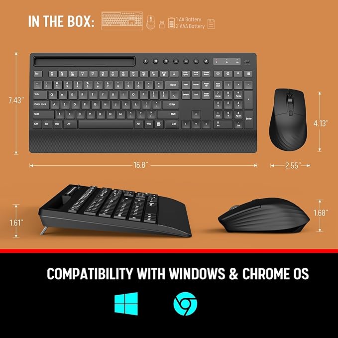 Trueque KM31 Wireless Keyboard and Mouse Combo - Full-Size Quiet Typing with Palm Rest, Phone Holder, Multimedia Keys, Power Switch, Batteries Included, Compatible with Windows, Chrome OS, PC, Laptop