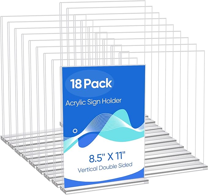 acrylic sign holder 8.5 x 11 Paper Stand 18 Pack Clear Double Side T Shape Acrylic Table Signs for Displaying, Flyer Holder Paper Card Holder for Office Business Store Mall Restaurants