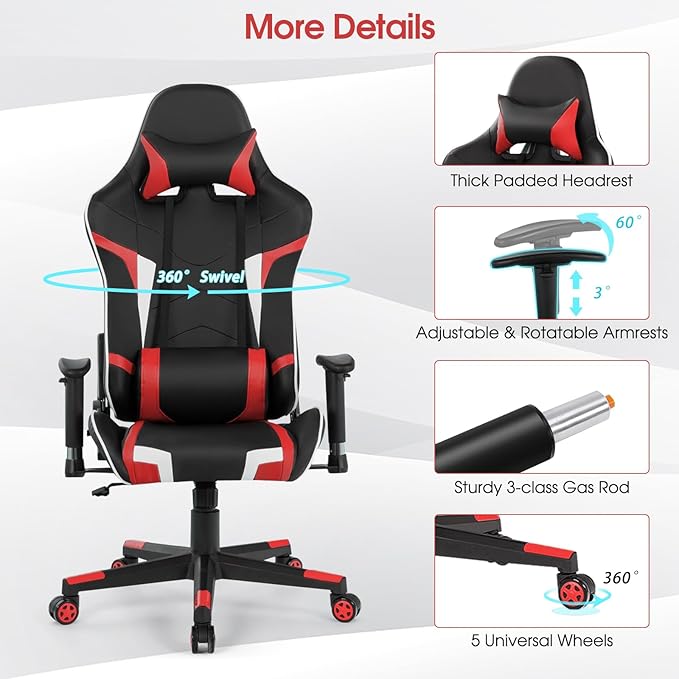 Tangkula Gaming Desk and Chair Set, Ergonomic Gamer Desk & Racing Chair Set Cup Holder, Headphone Hook, Handle Rack & Monitor Stand, Massage & Headrest, Home Office Computer Desk Chair Set (Red)