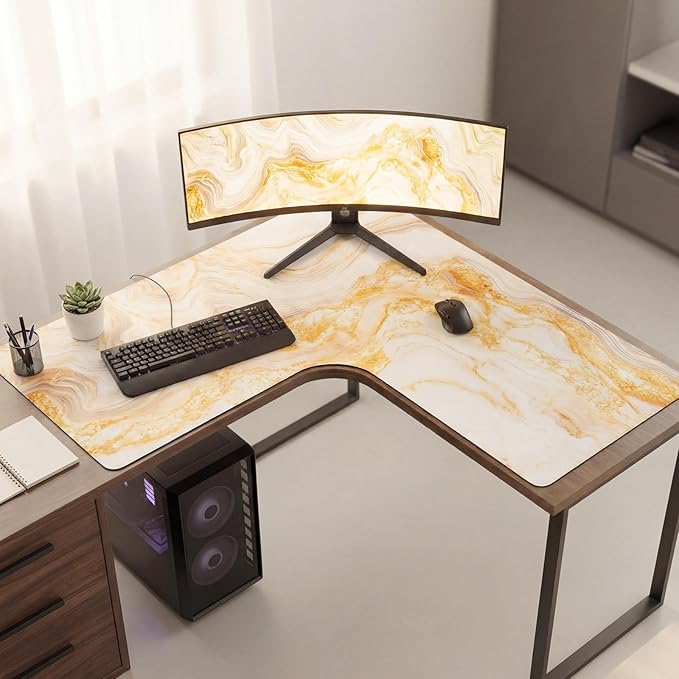 Relaxweex L Shaped Desk Mat for 90° Corner Desks, 26" x 26" Gold Waterproof Mouse Pad with 18" Inner Corner, Non-Slip Rubber Desk Protector for Office & Gaming