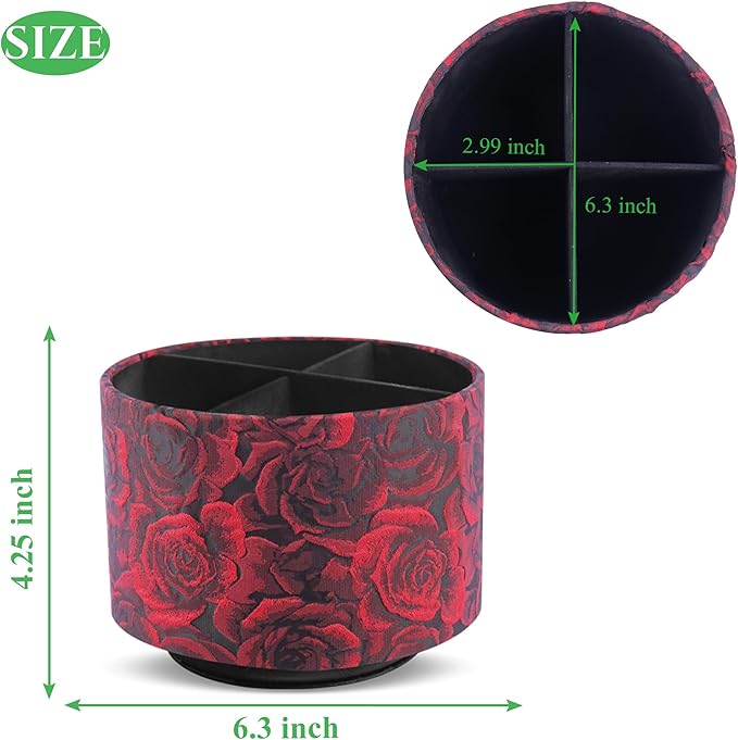 Round Leather Art Supply Organizer,Remote Control Holder,360 Degree Rotating,Multi-Functional Pencil Holder,4 Compartments Desktop Stationary Organizer(1-3D Rose Red)