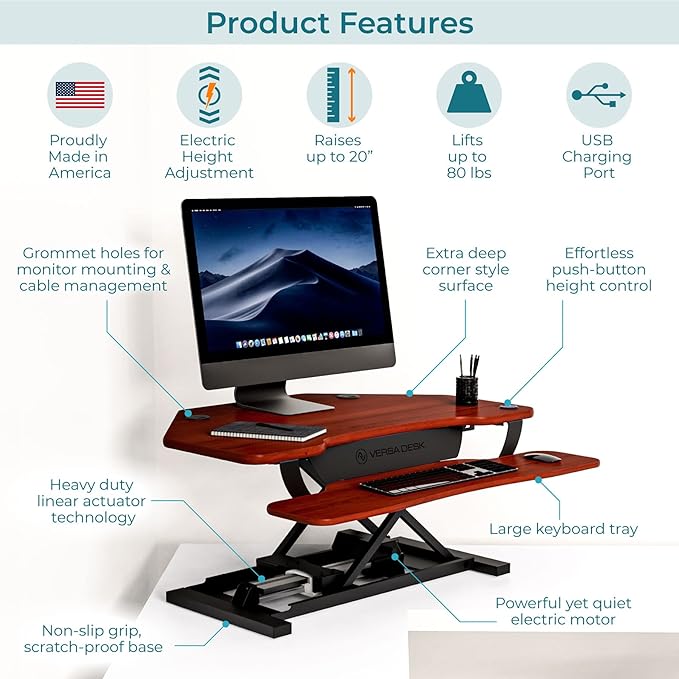 VERSADESK PowerPro 36” x 31” Corner Standing Desk Converter | 36 Inch Electric Height Adjustable Desk Riser - Sit or Stand w/programmable Controller, Keyboard Tray & USB Hub, Cherry