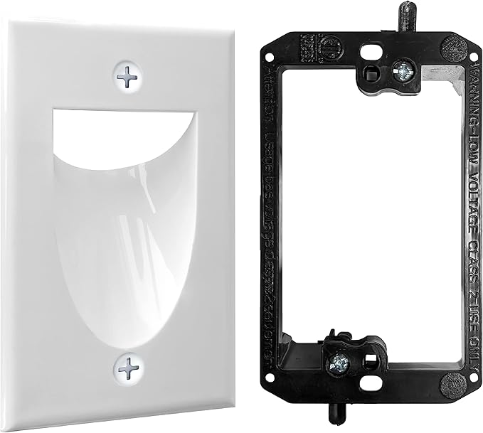 1 Pack Wall Plate Cable Pass Through with Bracket - In Wall Cable Management Kit - Recessed Cable Wall Plate Pair with Single Gang Low Voltage Mounting Bracket - Decorator Cover for Low Voltage Cables