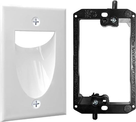 1 Pack Wall Plate Cable Pass Through with Bracket - In Wall Cable Management Kit - Recessed Cable Wall Plate Pair with Single Gang Low Voltage Mounting Bracket - Decorator Cover for Low Voltage Cables