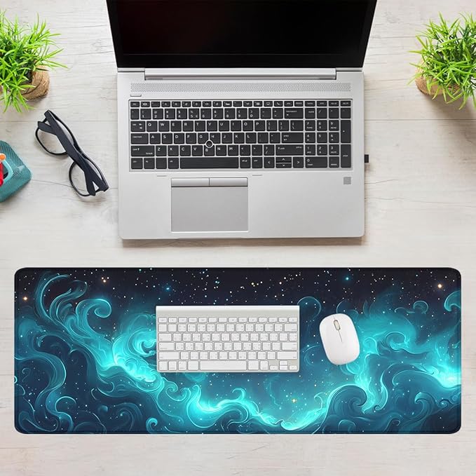 Blue Green Nebula Gaming Mouse Pad Spiral Galaxy Starlight Stars Extended Mousepad Waterproof Stitched Edges Rubber Base Non-Slip Deskmap Computer Keyboard Mat 31.5x11.8 in