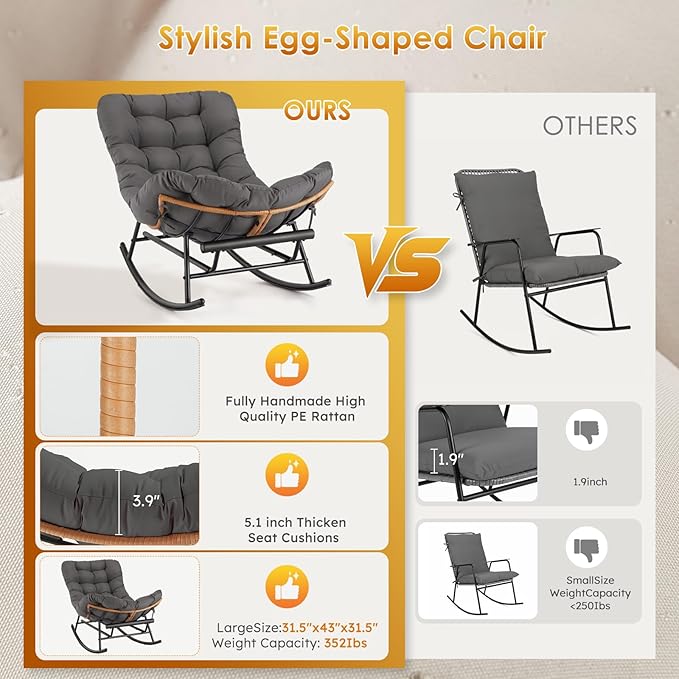 Garvee Papasan Rocking Chair with Foot Rest, Oversized Papasan Chair with Thick Removable Cushion and Metal Frame, Lounge Chairs and PE Rattan Rocker for Patio, Porch, Garden, Lawn, Living Room