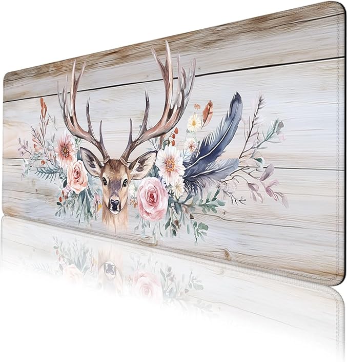 Floral Deer Desk Mat Rustic Nature Wood Farmhouse Mouse Pad Large Mousepad Extended Laptop Keyboard Mat Gaming Desk Pad Mouse Mat 31.5"x11.8"