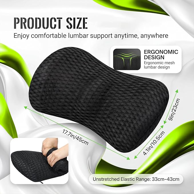 Wenqik 2 Pcs Lumbar Support Pillow Memory Foam Back Cushion Breathable Mesh Removable Washable Cover Ergonomic Design for Car Seat Lower Back Pain Relief Black Support Pillow Sitting Driving Traveling