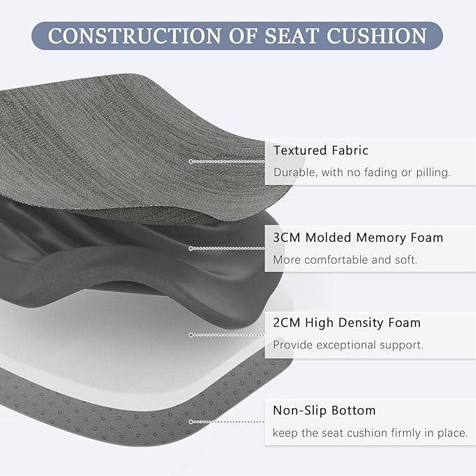 baibu Kitchen Chair Cushions, Dual-Layer Patented Design Molded Memory Foam Dining Chair Pads with Ties and Washable Cover, 17" x 16" x 2", Grey