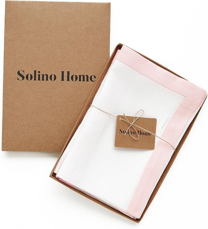 Solino Home Linen Cloth Napkins Set of 4-100% Pure Linen Blush Pink and White Dinner Napkins 20 x 20 Inch for Spring, Summer - Classic, Handcrafted and Machine Washable