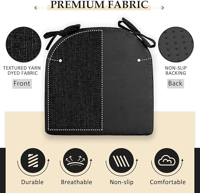Wellsin Chair Cushions for Dining Chairs 4 Pack - Kitchen Chair Cushions with Ties and Non-Slip Backing - Dining Chair Pads 16"X16"X2", Black