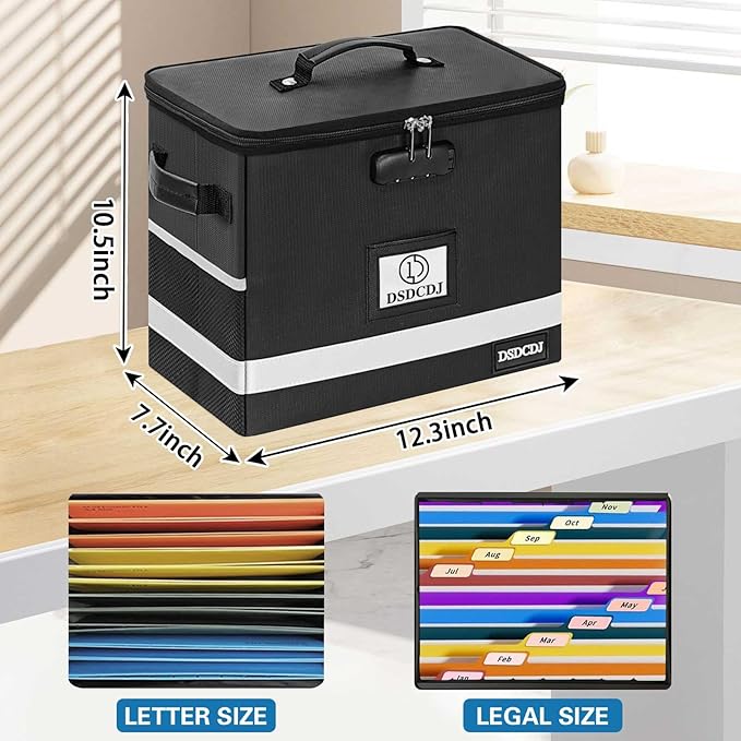 Fireproof Document Box - Fireproof File Organizer with Lock, Portable File Box with Handle, Portable Home Office File Cabinet for Hanging Letter/Legal Folder (12.3 x7.7 x10.5in) | Fireproof