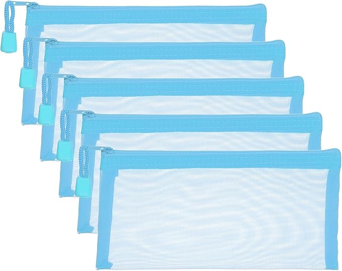 PATIKIL A6 Mesh Zipper Pouch Bags, 5 PCS Mesh Bags with Zipper Plastic Storage Pocket for Organizing File Beads Office Home Supplies, 10x20cm, Sky Blue