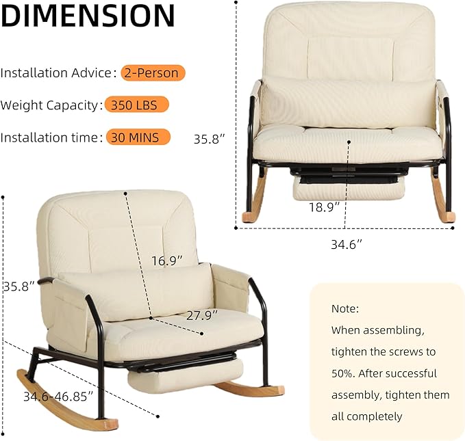 Oversized Reclining Rocking Chair with Foot Rest, 110°–160° Adjustable Backrest, Upholstered Armchair with Side Pocket for Nursery and Living Room, Beige