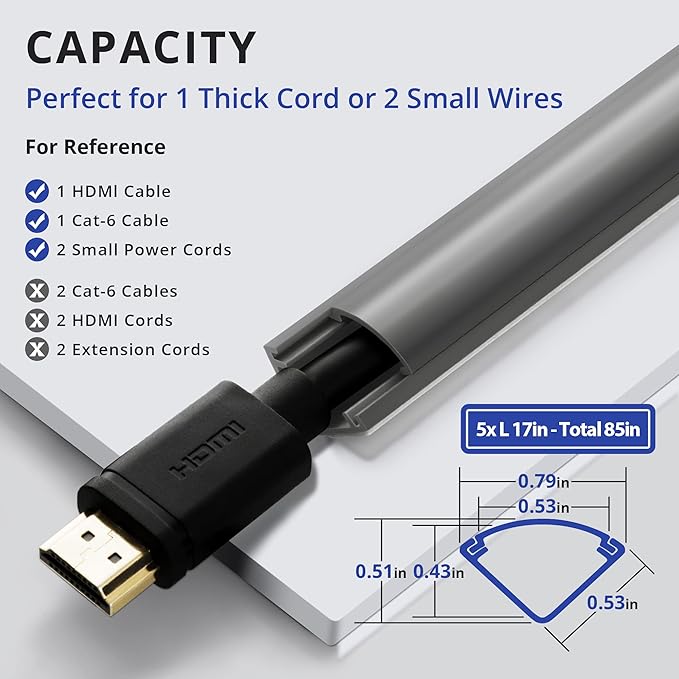85in Corner Cable Concealer, One-Cord Corner Duct, Paintable Corner Cord Cover, Cable Management Channel for Wall Corner, Floor Baseboard, Ceiling, Grey