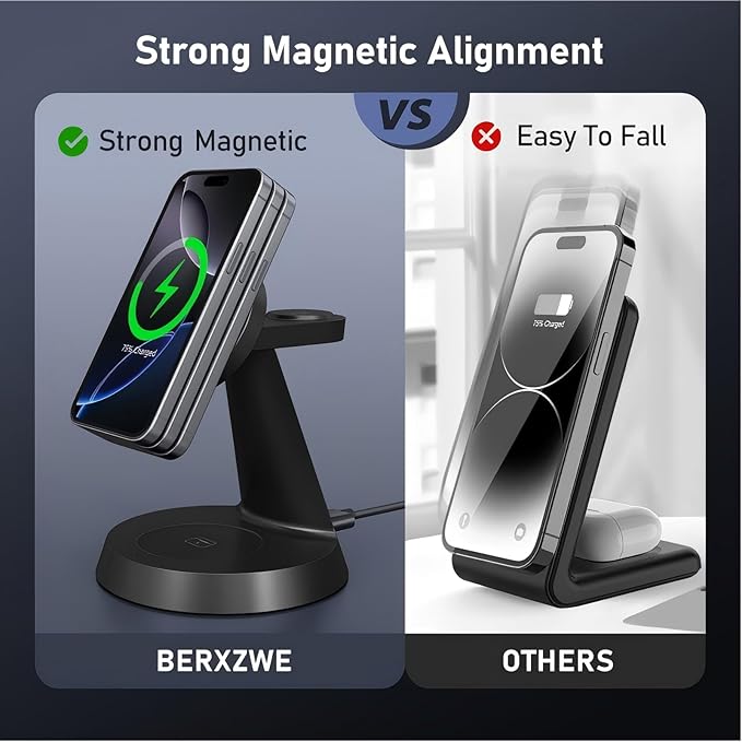 iPhone Charging Station 3 in 1 Wireless Charger for Apple Devices, 15W MagSafe Stand Compatible with iPhone 17 16 15 14 13 12 Pro Max Plus, Charging Dock for AirPods 4 3 2 & iWatch Series (Black)