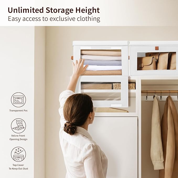 Homsorout Large Clothing Storage Bins - Collapsible Boxes with Handles & Window, Decorative Organizer Bins with Lids, Fabric Containers for Living Room, Dorm, 6 Pack, White