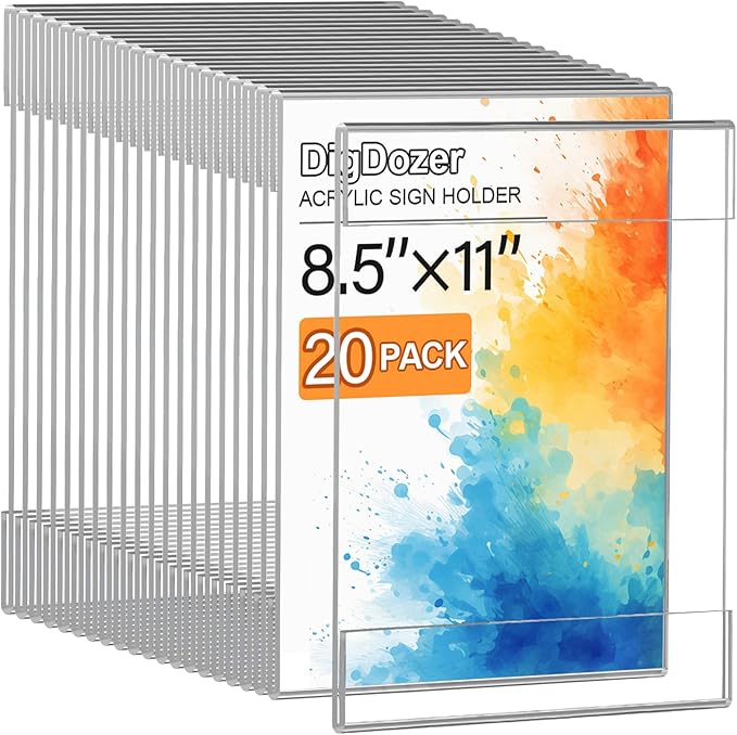 20 Pcs Acrylic Sign Holder 8.5 x 11, Vertical Wall Mount Sign Holders with Adhesive, Clear Plastic Frames Paper Display Sign Holder for Office, Home, Store, Restaurant - No Drilling