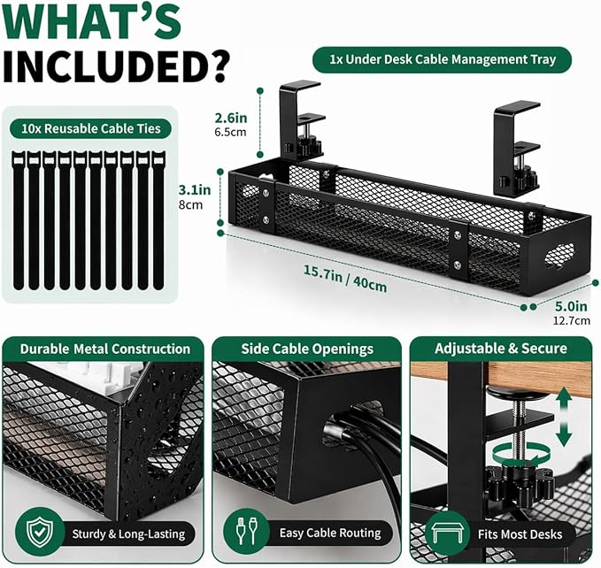 Under Desk Cable Management Tray, Metal Desk Cord Organizer, Adjustable Clamp, No Drill, Durable Desk Cable Organizer – 15.7''