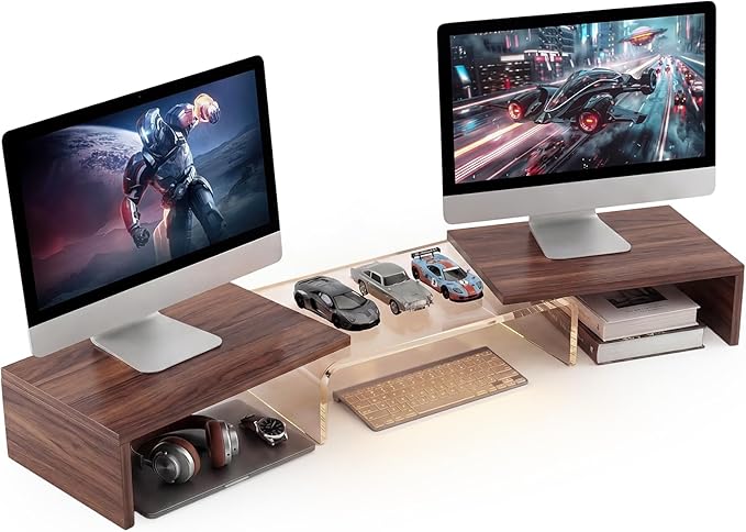 Dual Monitor Riser, Acrylic Monitor Riser with Keyboard Storage, Adjustable Angle & Length Computer Monitor Stand, Wide Desk Shelf for Top of Desk for Home Office_Walnut Look