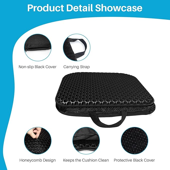 Gel Seat Cushion for Long Sitting With handle-Large & Thick & Soft & Breathable-Gel Cushion for Wheelchair, Gel Chair Cushion for Hip Pain, Gel Seat Cushion for Office Chair (Black, 17 x 15 inches)