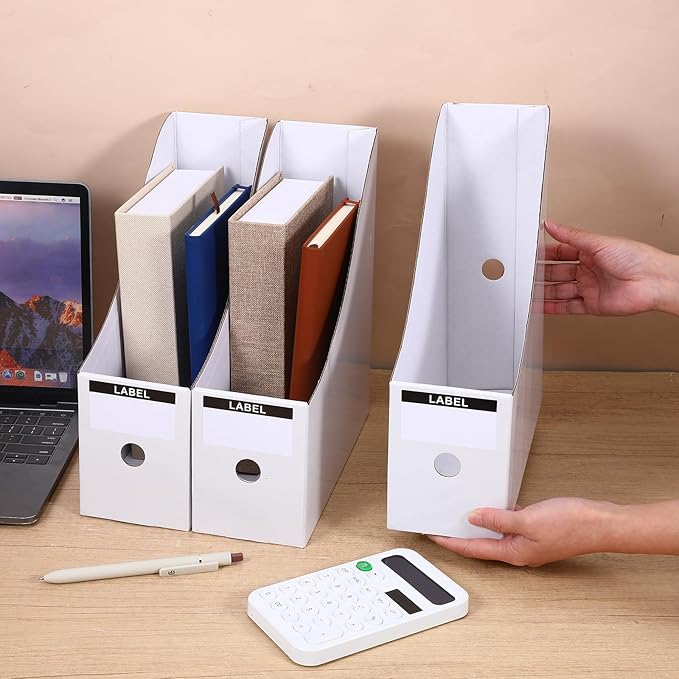 25-Pack White Cardboard Magazine File Holders, 10.2" L x 3.5" W x 10.6" H Large-Capacity Document Organizer Boxes, Foldable Book Bins for Shelves, Office or Home Use with 25 Bonus Labels