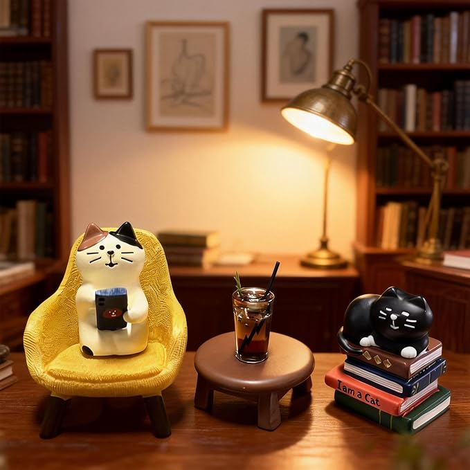 Cute Cat Home Decor Office Desk Accessories, Cats Playing Phone on Sofa and Drinking Coffee, Mini Kitty on Books Miniature Figurines Cats Decorations Gifts for Cat Lovers Computer Book Shelf Decor