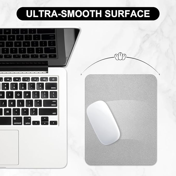 Leather Mouse Pad, Office Mouse Mat Non-Slip Rubber Base Stitched Edge Washable Waterproof Rectangular Mousepad for Office Gaming PC Laptop, 9.8" x 7.9", Silver
