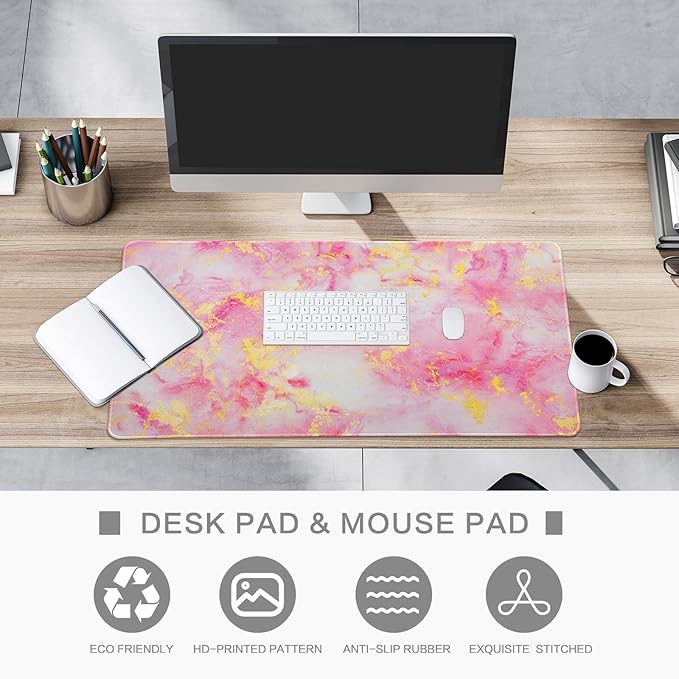 Lokigo Large Mouse Pad for Desk, Pink Desk Mat, Anti-Slip Waterproof Big Mousepad, Cute DeskMatt for Desktop, Keyboard Mat for Computer Desktop, Marble