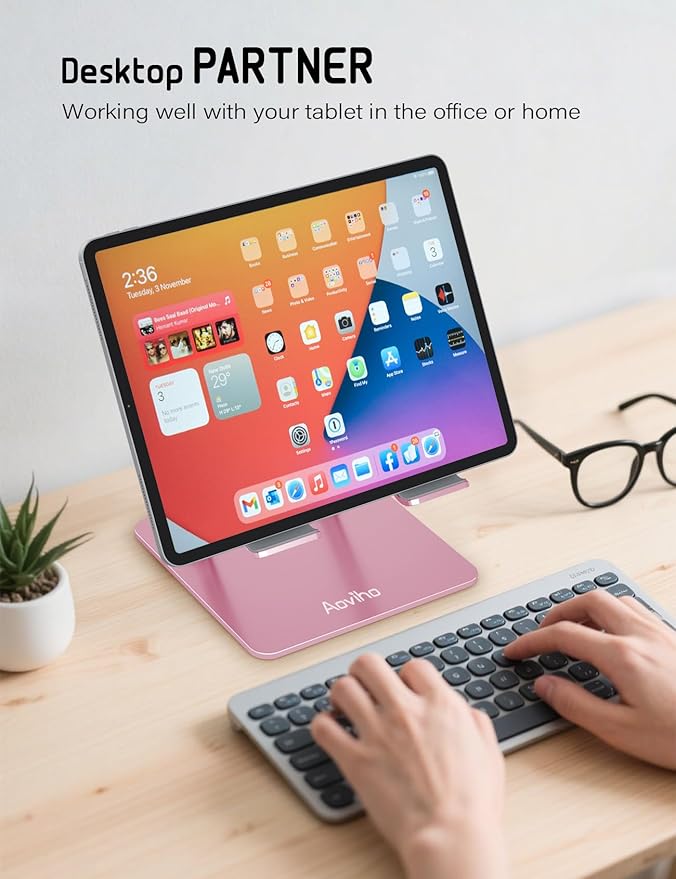 Aoviho Tablet Stand Holder for Desk, Adjustable Aluminum Desk Accessories, Stable Desktop Stand for Office Home,Compatible with iPad Pro Air Mini, Samsung Tablets, Rose Gold