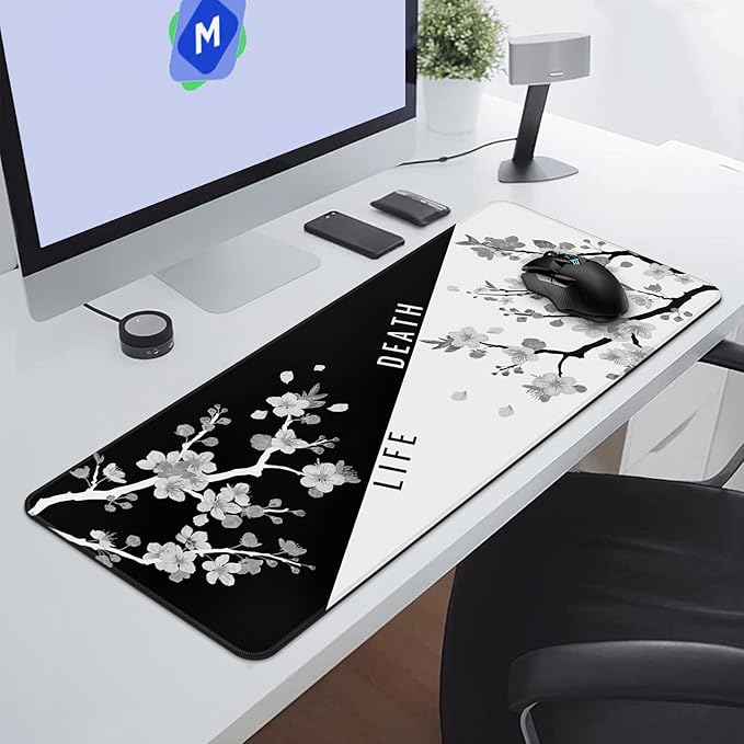 DIGSOM Mouse Pad Gaming Keyboard Pad 31.5 x 11.8 in Gaming Mouse Pad with Anti-Slip Rubber Base and Stitched Edges, Japanese Life Death Keyboard Mat(Black with White Cherry Blossom)
