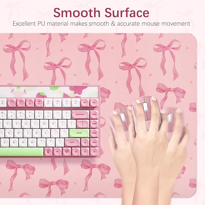 Pink Desk Mat, Large Mouse Pad Pink Bow Keyboard Mat Computer Pad, Cute Girly Pink Desk Accessories, PU Leather Desk Pad Protector, Waterproof Desk Blotter Writing Pad Non-Slip Base, 31.5 x 15.7