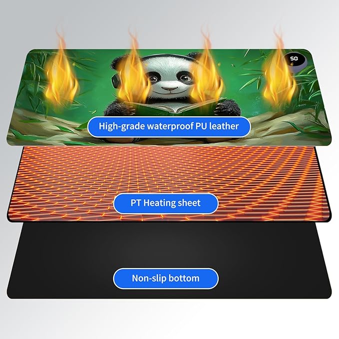 Heated Mouse Pad,Warm Desk Pad with 3 Levels Heating & 3 Hours Auto Shut-Off, PU Leather Heated Desk Pad Warmer Pad for Home Office - 31.5 x 13 inch,Panda Bamboo