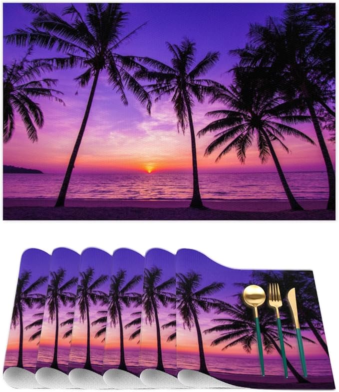 Placemats Set of 4 Heat-Resistant Rectangle Place Mats Beach Purple Sunset Washable Plastic PVC Dining Table Mat Non-Slip Wipeable Woven Vinyl Placemat for Kitchen Patio Table Decor