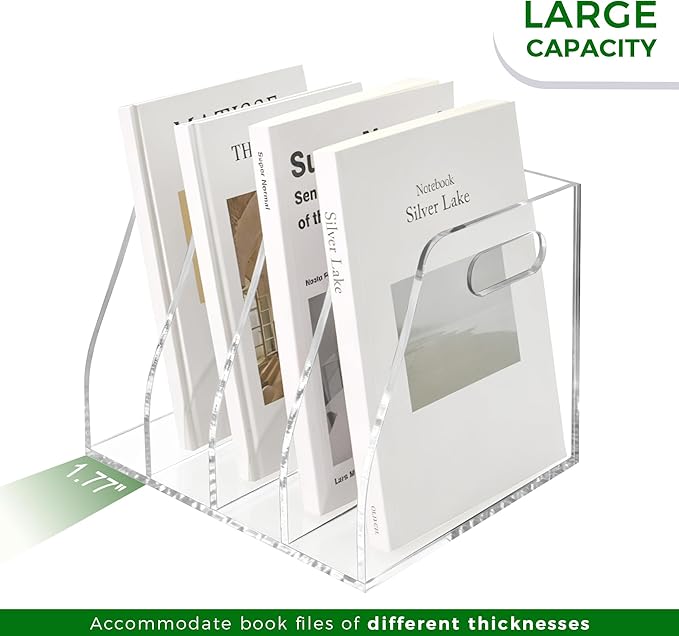 Acrylic File Folder Holder for Desk with Handles, 4-Slot Clear Desk Organizers and Accessories, Vertical Magazine File Sorter & Binder Holder, Desktop Book Organizer for Office, School & Home