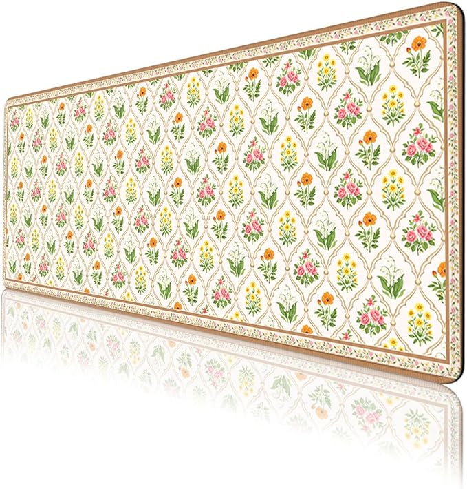 Floral Vintage Gaming Mouse Pad Cottage Floral Romantic Garden Large Gaming Mouse Mat with Stitched Edges,Non-Slip Waterproof Rubber Base Mous Mat 31.5x11.8 Inch