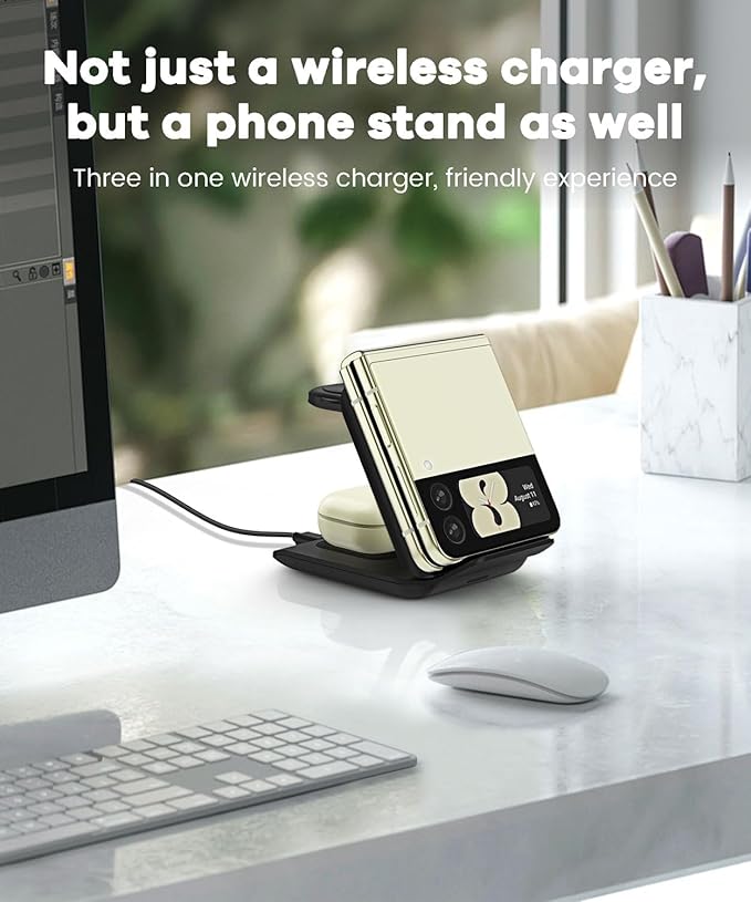 Samsung Galaxy Z Flip 3-in-1 Wireless Charging Station - Foldable 15W Fast Travel Charger Stand for z Flip 7 6 5 4 3, Razr+, Galaxy Watch & Buds 3,2 Pro,Live,PD20W Adapter Included,Black