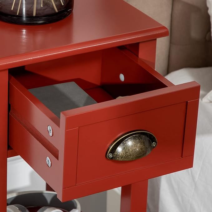 HOMCOM Narrow End Table with Drawer and Bottom Shelf, Slim Side Table for Small Spaces, Skinny Modern Accent Desk for Living Room, Set of 1, Red