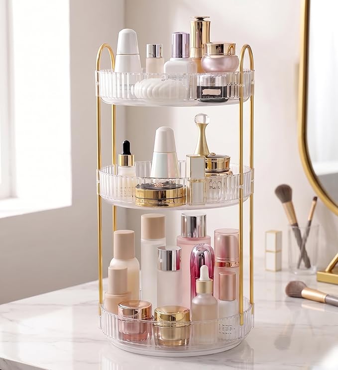Aveniee Crystal Three-Layer 360° Rotating Cosmetic Stand, Premium Solid Metal Pole Sturdy Construction, Translucent Revolving Beauty Storage Unit for Vanity, Sink or Bathroom Shelf, White