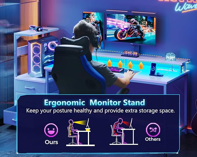 Casaottima 59 Inch Gaming Desk with USB Charging Ports & LED Light - Reversible Computer Desk with 3 Fabric Drawers, Monitor Stand, CPU Stand, Modern Office Desk, White